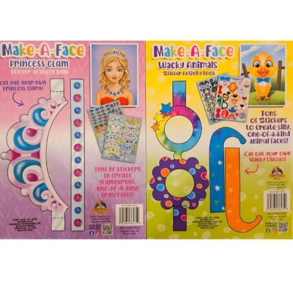 Make-a-Face Princess Glam & Wacky Animals Sticker Face Activity Books Set of 2